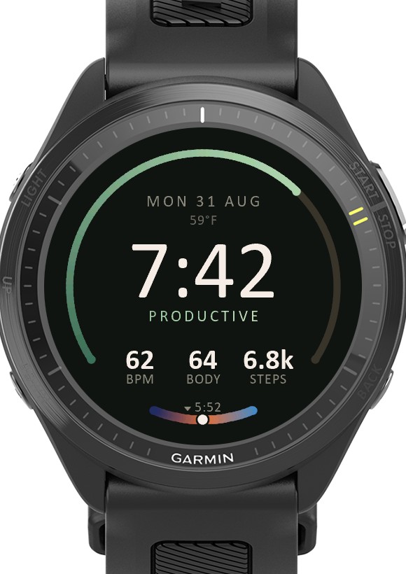 Clay watch face on a Forerunner 970: 7:42 in large numerals, a green progress arc up the left side, the word PRODUCTIVE, a row reading 62 BPM, 64 BODY, 6.8k STEPS, and a small painted sky dial at the bottom