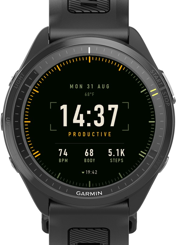 Recon watch face on a Forerunner 970: 14:37 in condensed DIN numerals inside a corner reticle, 120 amber graduations round the bezel, the word PRODUCTIVE, and a row reading 74 BPM, 68 BODY, 5.1K STEPS