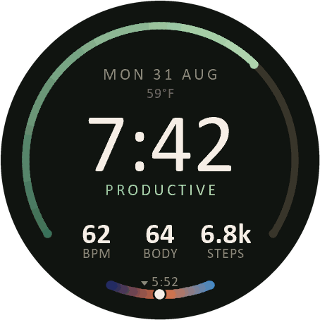 The Clay watch face screen: 7:42 centred, a green step arc up the left side, the word PRODUCTIVE, three readouts, and a painted sky dial at six o&rsquo;clock
