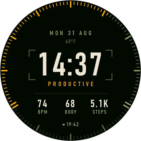 The Recon watch face screen: 14:37 in condensed tabular numerals inside an olive corner reticle, amber graduations round two thirds of the bezel, the word PRODUCTIVE, and a row reading 74 BPM, 68 BODY, 5.1K STEPS