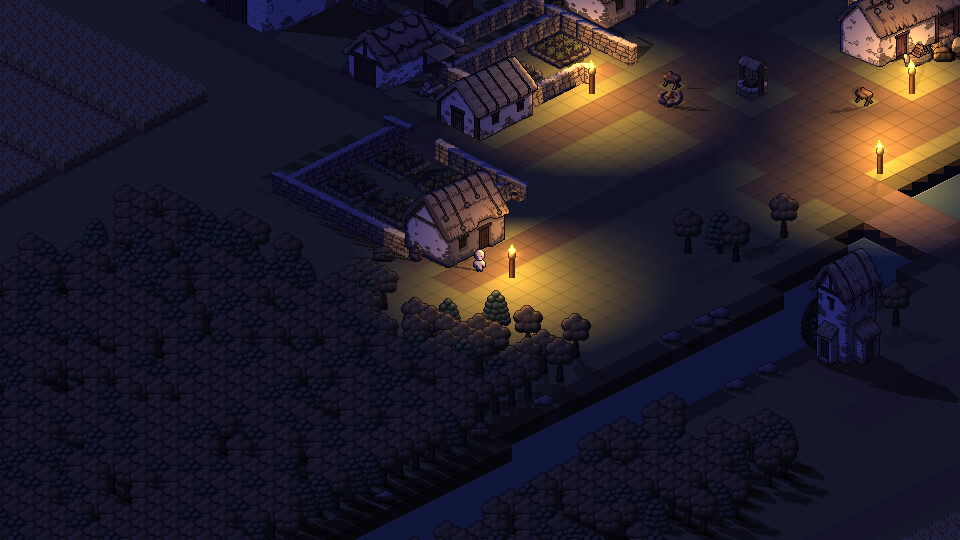 The same corner of Alcaria at night, lit by torches that throw pools of warm light across the paths