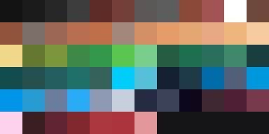 The Wayfarers palette: a grid of 67 color swatches from warm earth tones through greens, blues, and dusk pinks
